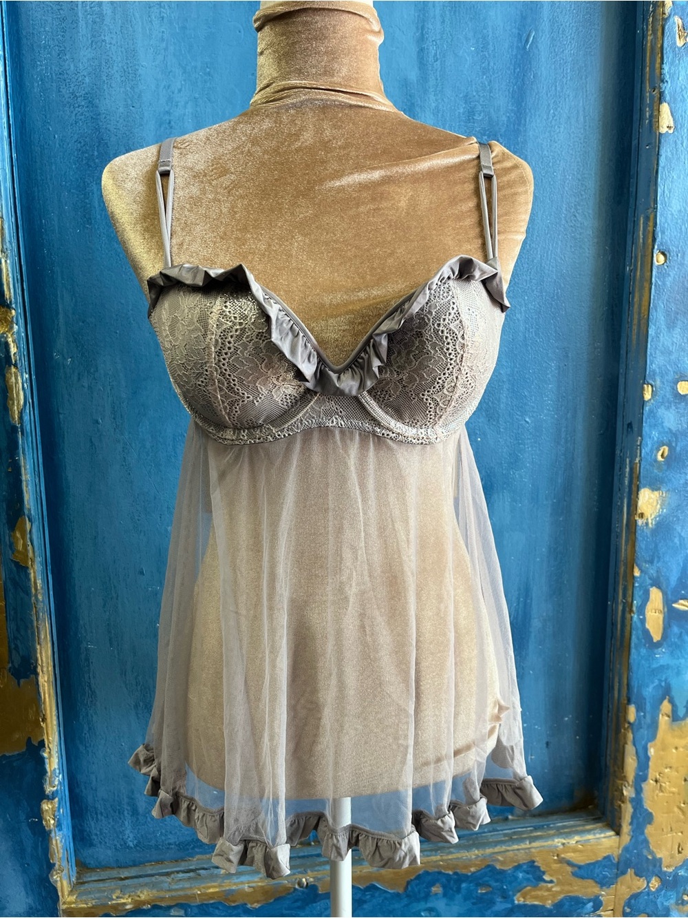 Sheer Lace Ruffle Babydoll Chemise - Taupe